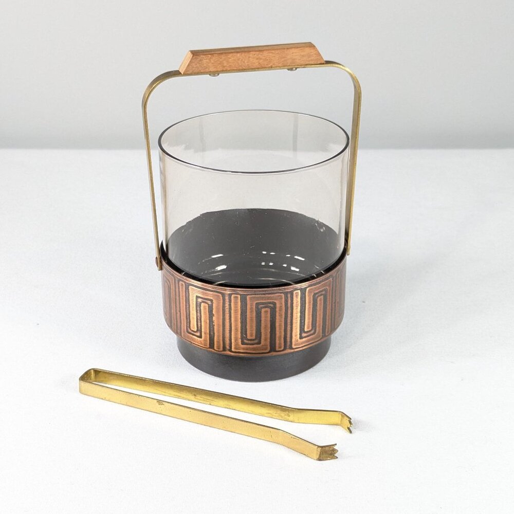 Small MCM ice bucket, Scandi style brass copper smoky glass with original brass